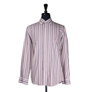 Hugo Boss Mens Shirt Button Up Brown White Blue Striped Cotton Slim Fit 3XL